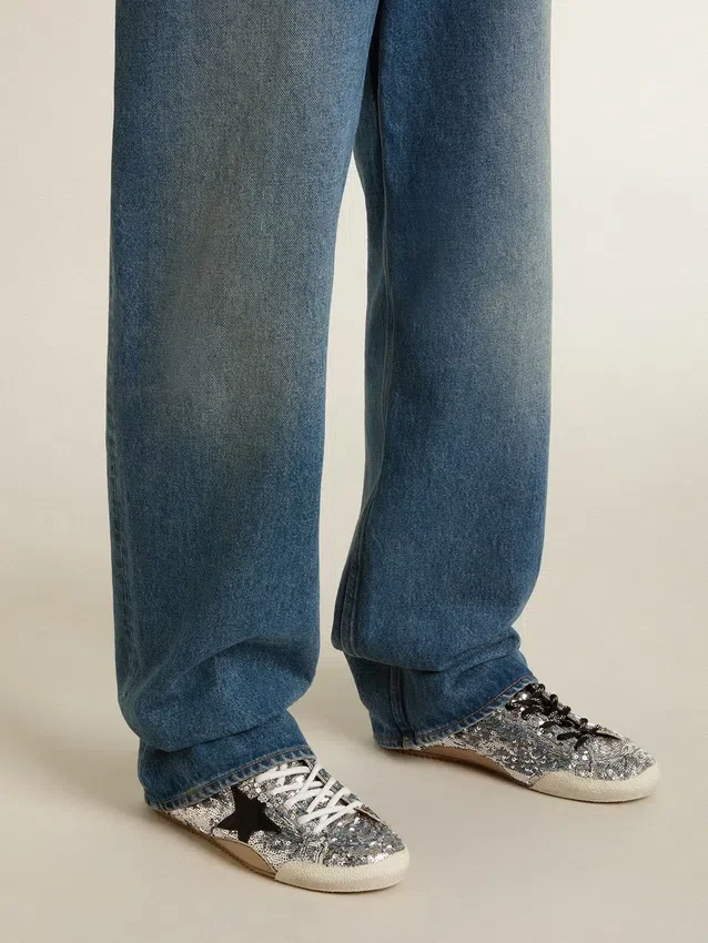 Women's True-Star in silver sequins with black star and silver leather heel tab