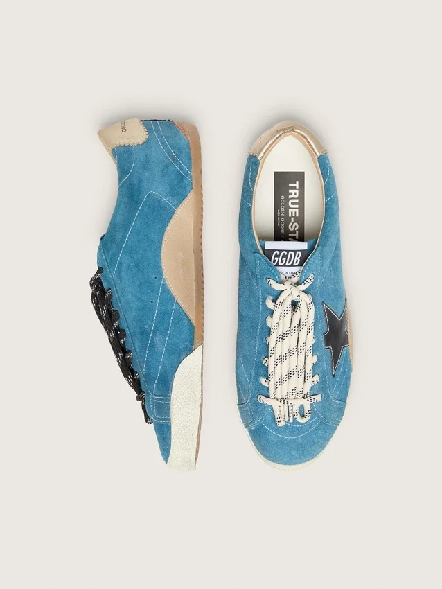 Women's True-Star in teal suede with black star and cream heel tab