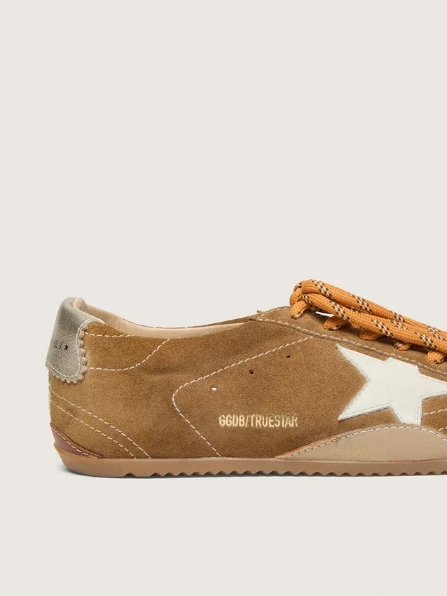 Men's True-Star in tobacco-colored suede with white star and platinum heel tab