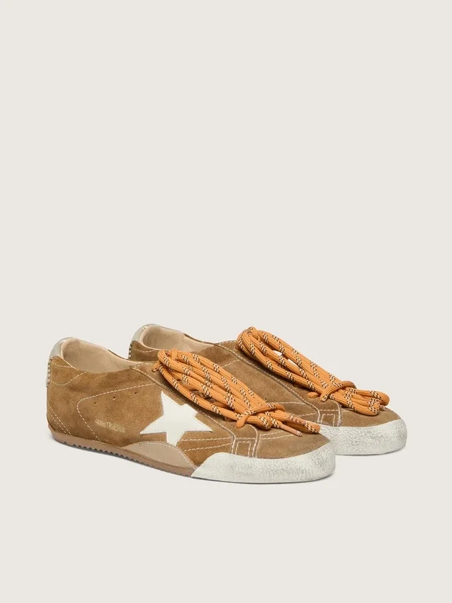 Men's True-Star in tobacco-colored suede with white star and platinum heel tab