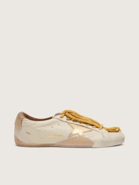 Men's True-Star in white nappa leather with gold foiled leather star and beige suede heel tab