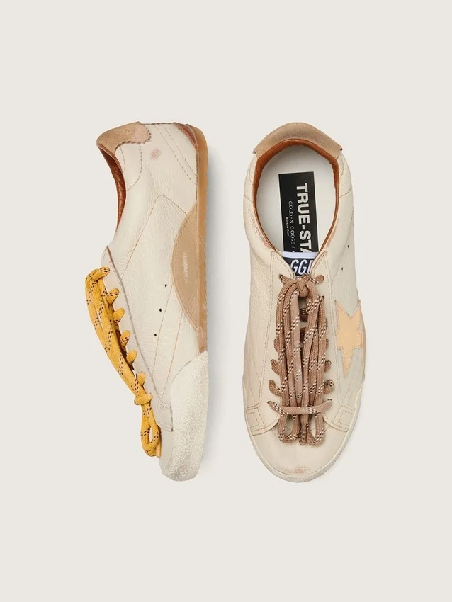 Women's True-Star in white nappa leather with gold star and beige suede heel tab
