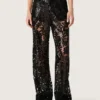 Women's tulle pants with floral embroidery in black sequins