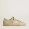 Women’s V-Star in ice-gray suede with white leather star and floral embroidery
