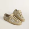 Women’s V-Star in ice-gray suede with white leather star and floral embroidery