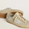 Women’s V-Star in ice-gray suede with white leather star and floral embroidery