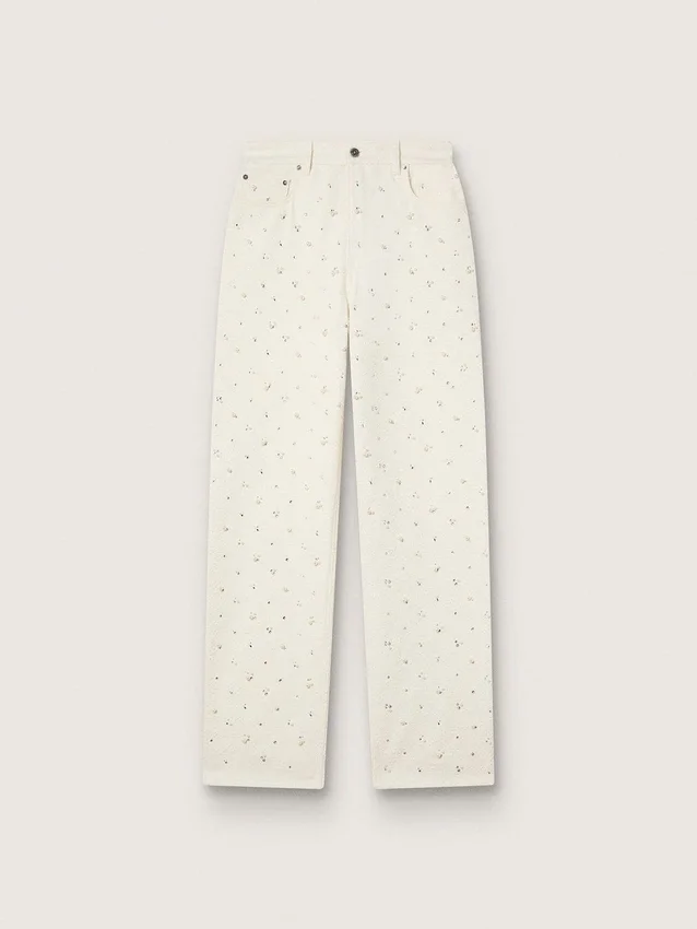 Women's white denim pants with beading and crystals