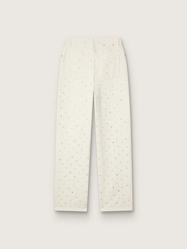 Women's white denim pants with beading and crystals