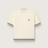 Women’s white knit T-shirt with contrasting edges and removable pin