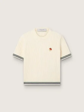 Women’s white knit T-shirt with contrasting edges and removable pin