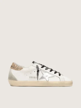Women's white leather Super-Star with glittery heel tab