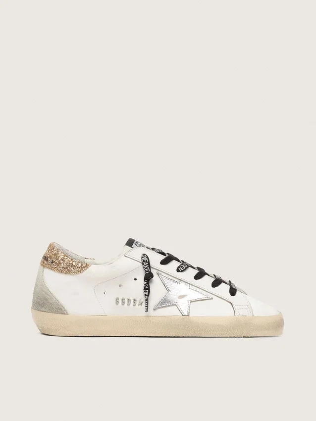 Women's white leather Super-Star with glittery heel tab