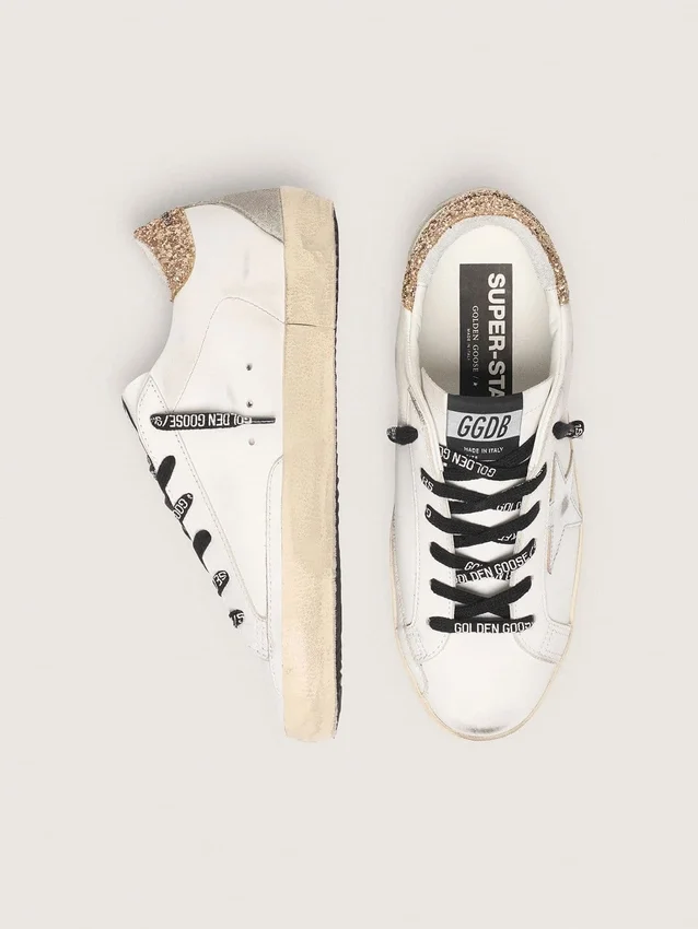 Women's white leather Super-Star with glittery heel tab