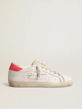 Women's white leather Super-Star with perforated star and fuchsia nylon heel tab