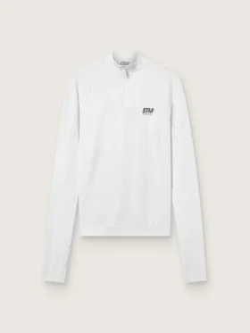 Women's white long-sleeve sports top with zip