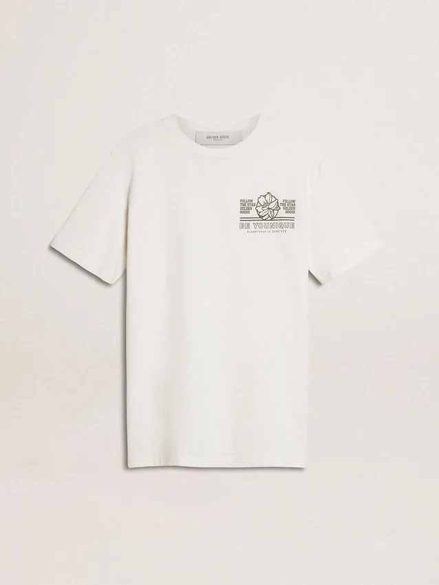 Women's white T-shirt with black print on the chest