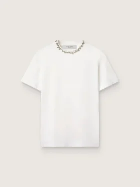 Women's white T-shirt with cabochon crystals