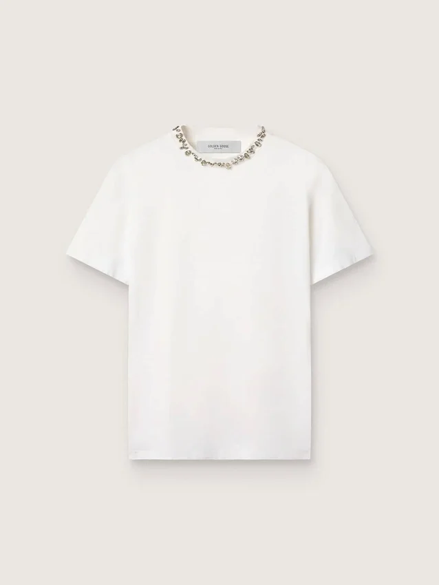 Women's white T-shirt with cabochon crystals