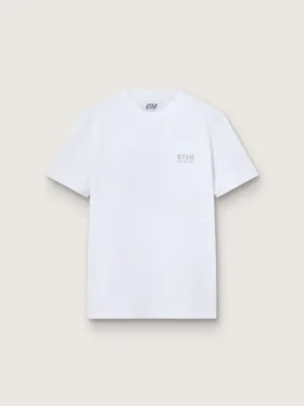 Women's white T-shirt with silver glitter logo and star