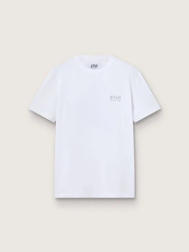 Women's white T-shirt with silver glitter logo and star
