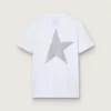 Women's white T-shirt with silver glitter logo and star