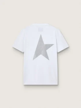 Women’s white T-shirt with silver glitter logo and star
