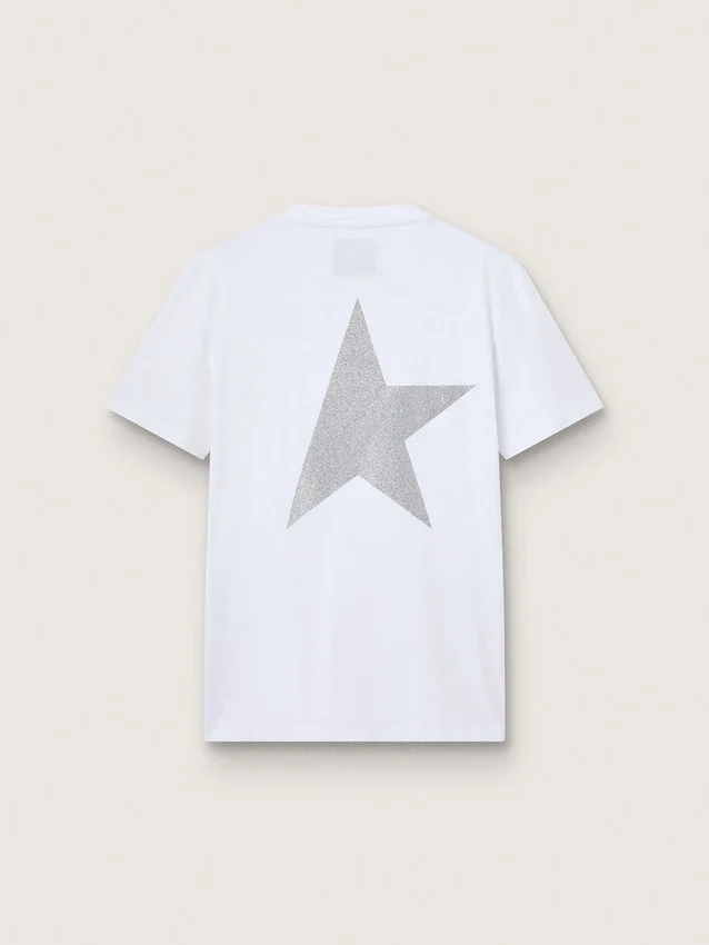 Women's white T-shirt with silver glitter logo and star