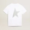 Women's white T-shirt with silver glitter logo and star