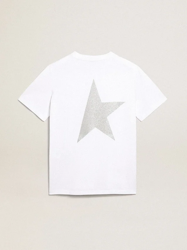Women's white T-shirt with silver glitter logo and star