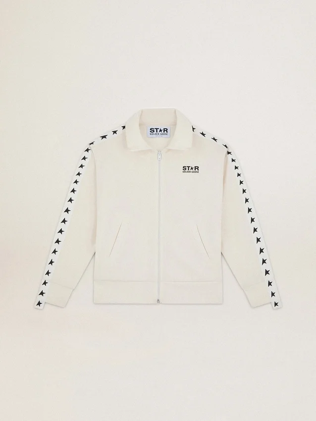 Women’s white zipped sweatshirt with white strip and black stars