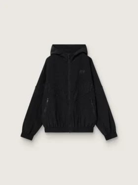 Women's windcheater in black nylon with tone-on-tone crystals