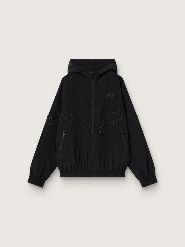 Women's windcheater in black nylon with tone-on-tone crystals