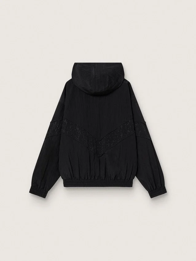 Women's windcheater in black nylon with tone-on-tone crystals