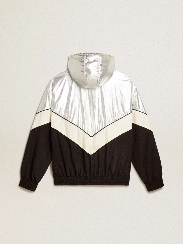 Women's windcheater in silver and black technical fabric