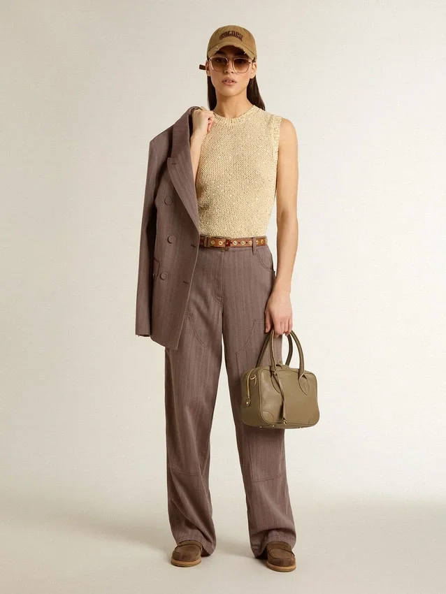Women’s wool blend pants in light brown micro chevron