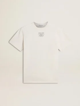 Women's worn-white cotton T-shirt with black lettering