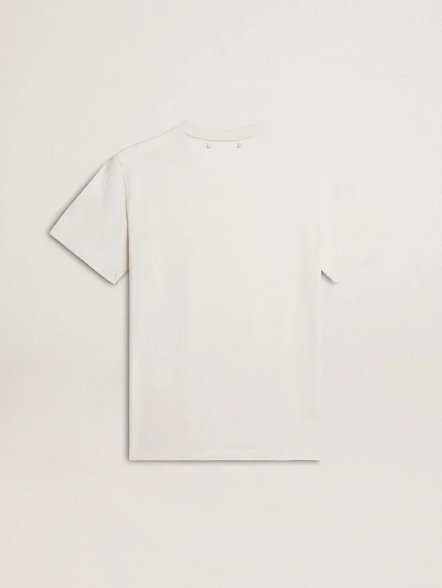 Women's worn-white cotton T-shirt with black lettering
