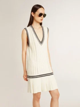 Women’s worn-white cotton vest dress with dark blue ribbing and crystals