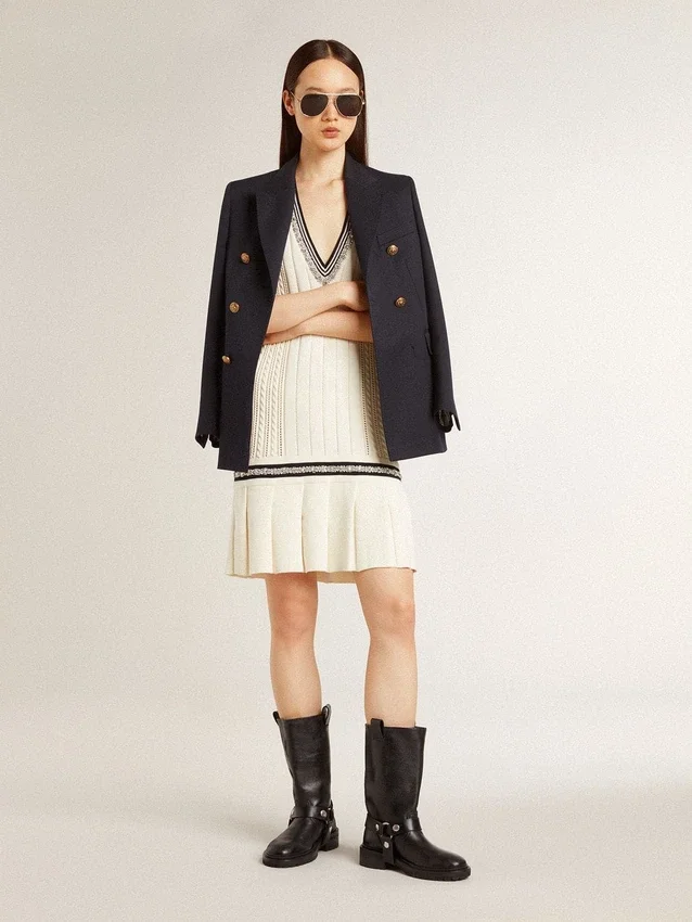 Women's worn-white cotton vest dress with dark blue ribbing and crystals