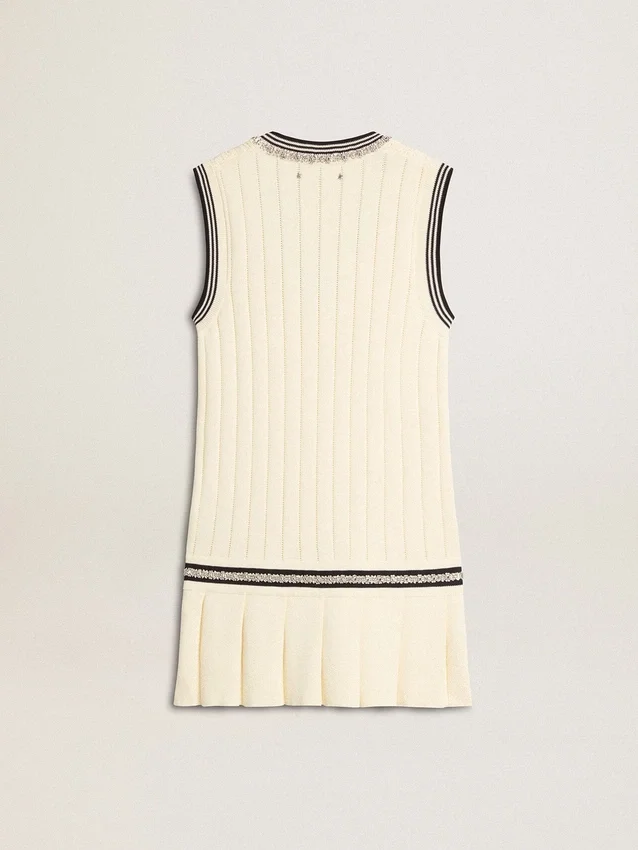 Women's worn-white cotton vest dress with dark blue ribbing and crystals
