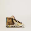 Young Francy Penstar in gold sequins with ice-gray suede star