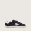 Young Old School in blue suede with silver glitter star and white leather heel tab