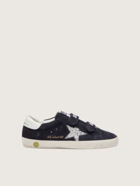 Young Old School in blue suede with silver glitter star and white leather heel tab