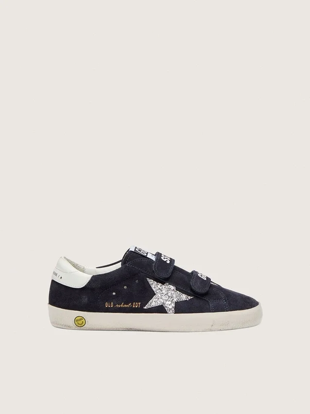 Young Old School in blue suede with silver glitter star and white leather heel tab