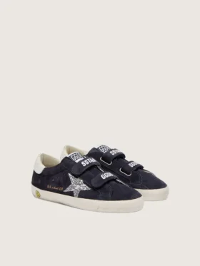 Young Old School in blue suede with silver glitter star and white leather heel tab