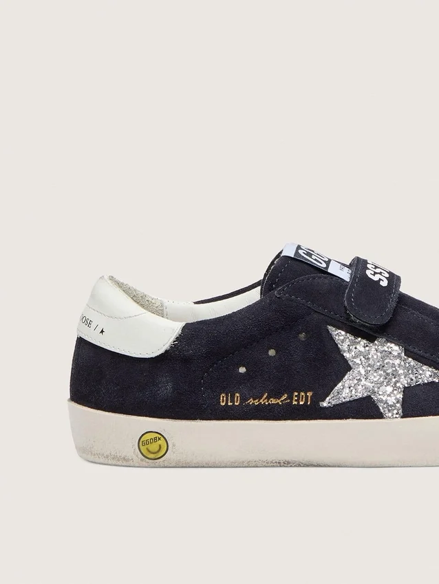 Young Old School in blue suede with silver glitter star and white leather heel tab