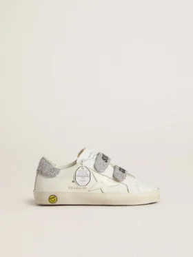 Young Old School in white leather with silver Swarovski crystal heel tab and straps