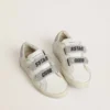 Young Old School in white leather with silver Swarovski crystal heel tab and straps