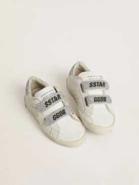 Young Old School in white leather with silver Swarovski crystal heel tab and straps