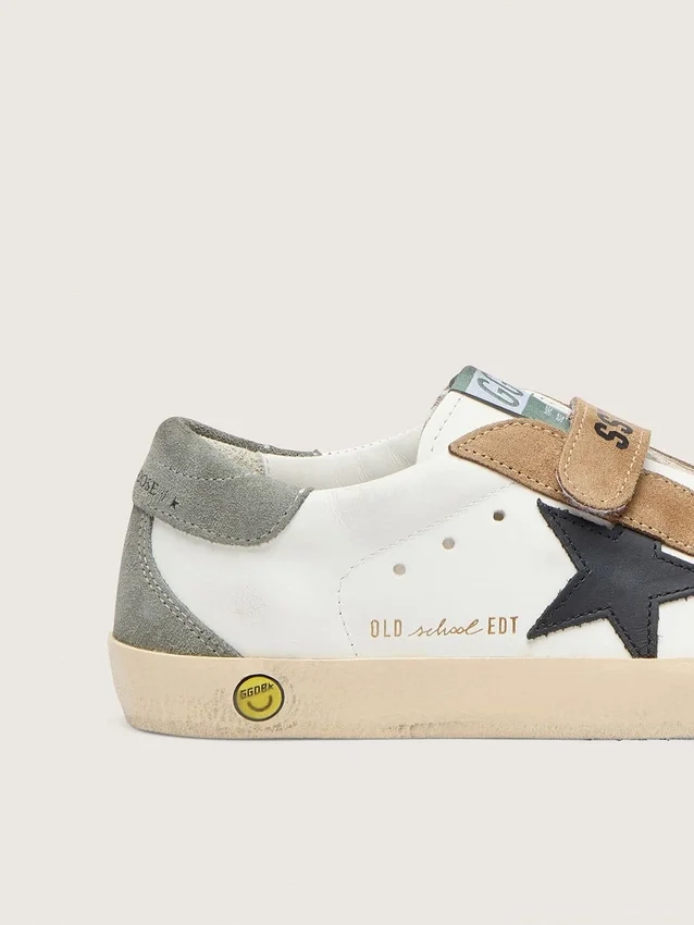 Young Old School with black leather star and beige and green suede inserts